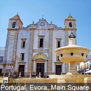 A fountain in front of an old church with the words " portugal, evora, main square ".