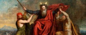A painting of god being surrounded by two people.