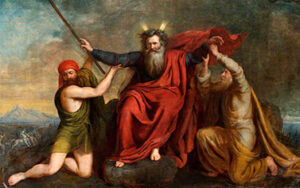 A painting of jesus christ being nailed to the cross by two men.