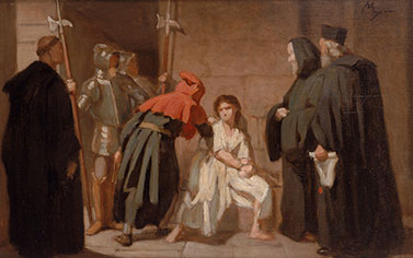 A painting of a man in medieval garb being interrogated by monks.