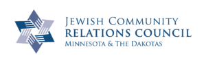 A blue and white logo for the jewish community relations organization.